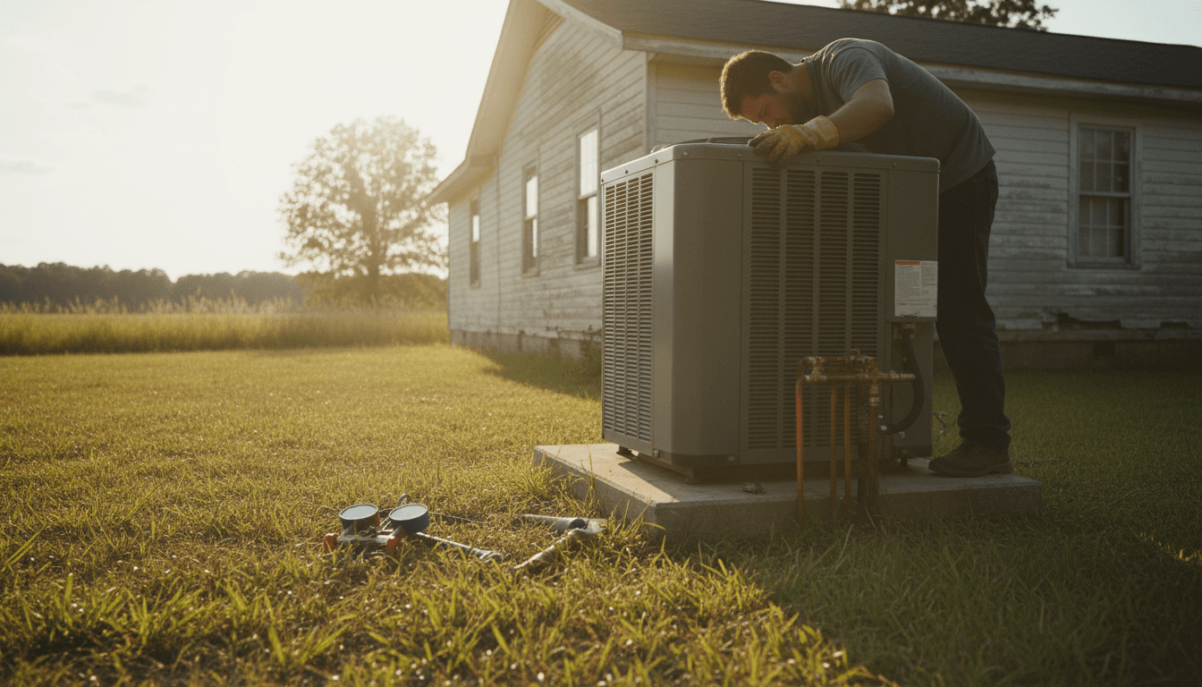 HVAC technician in gloves servicing an outdoor AC condenser unit beside a rural Alabama home