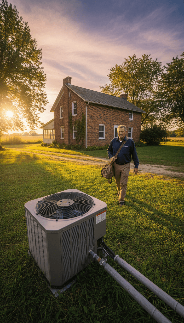 HVAC technician with tool bag walking toward a rural home AC unit