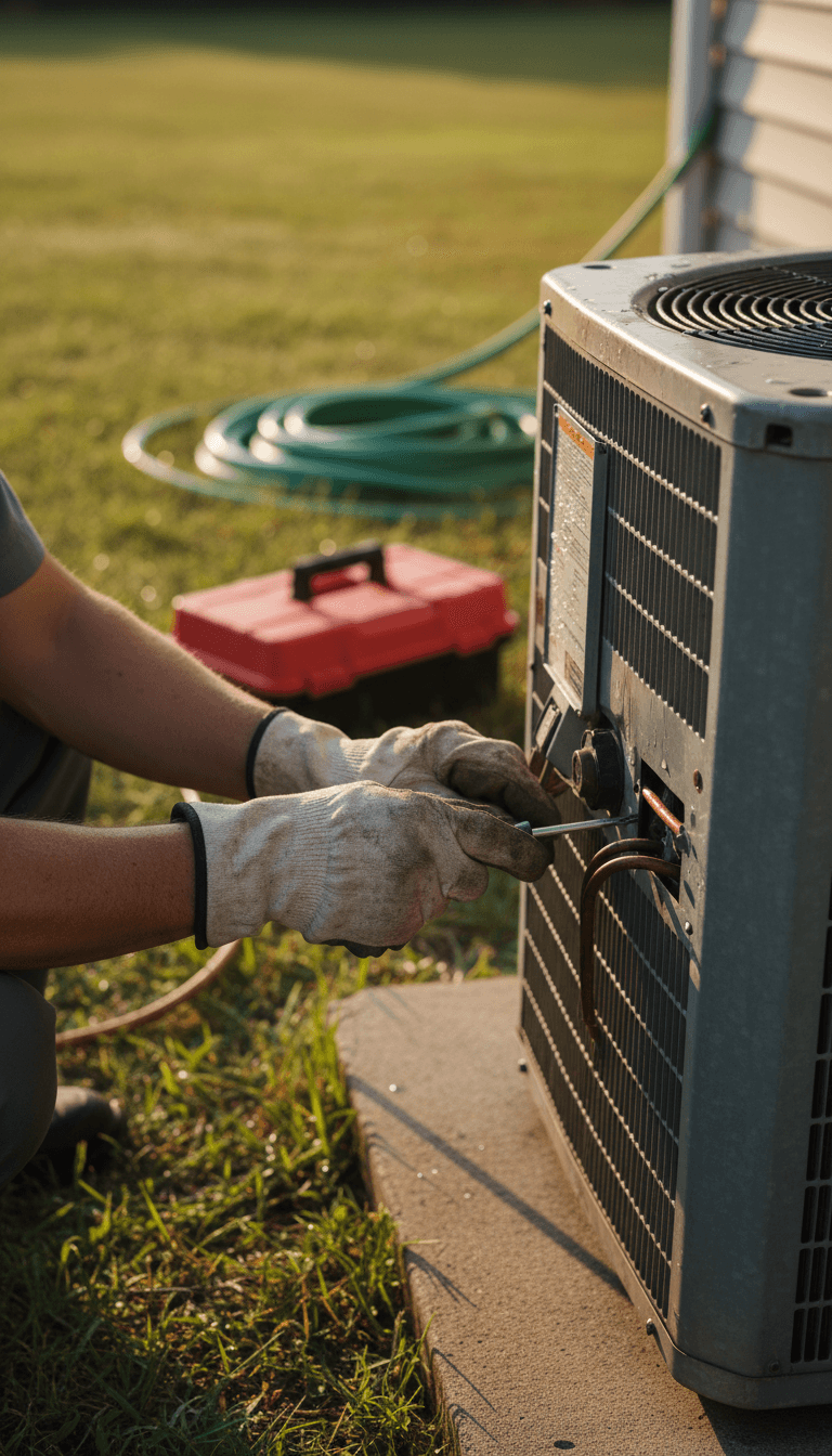 Technician's hands adjusting an open HVAC unit in a residential yard