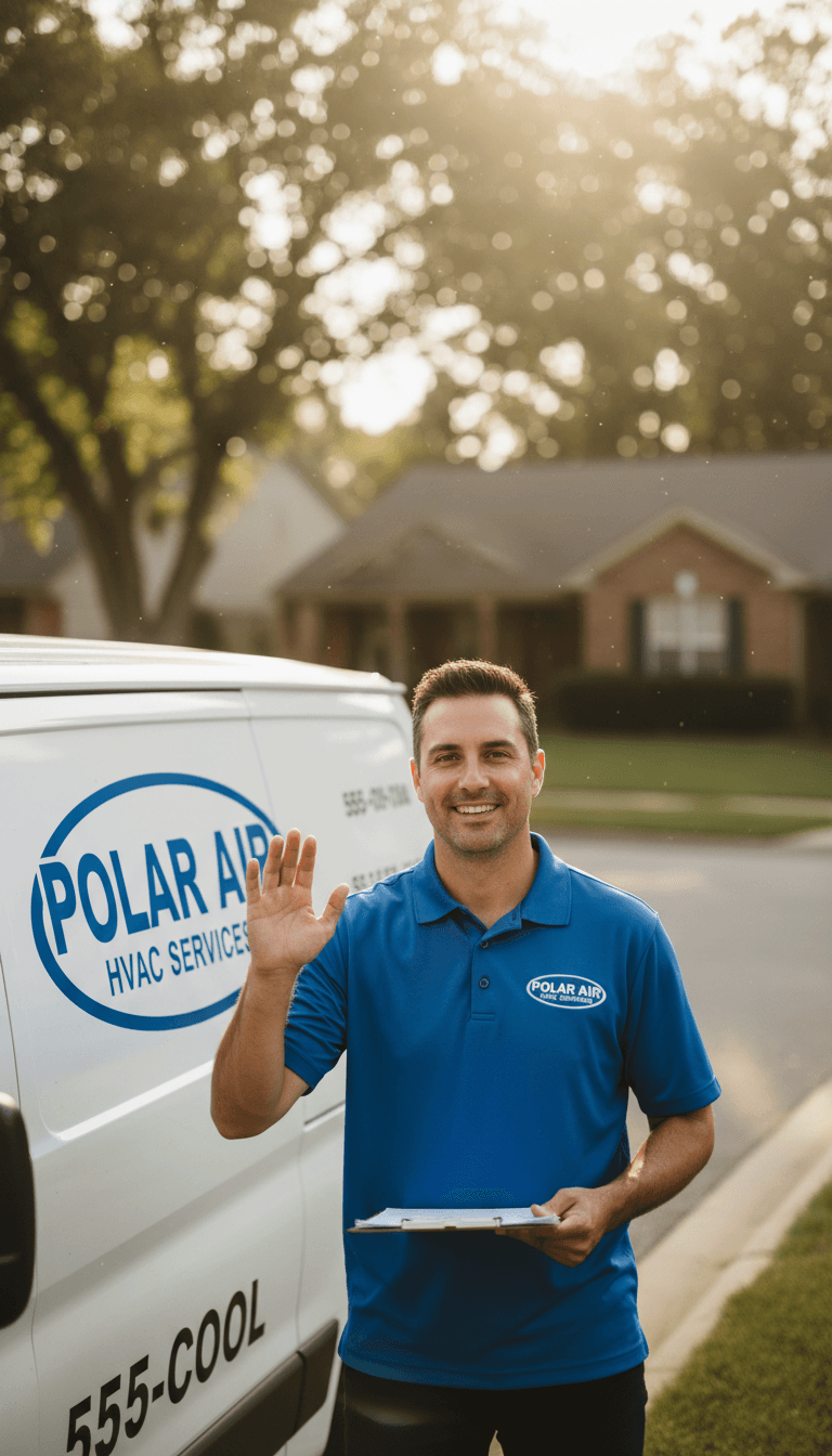 Friendly local HVAC technician beside his service van in Toxey