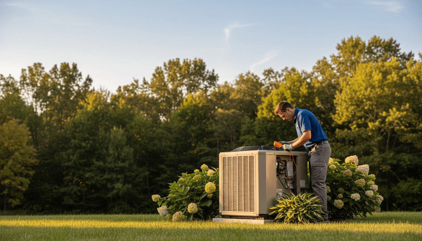 Technician inspecting a residential HVAC unit in a quiet backyard