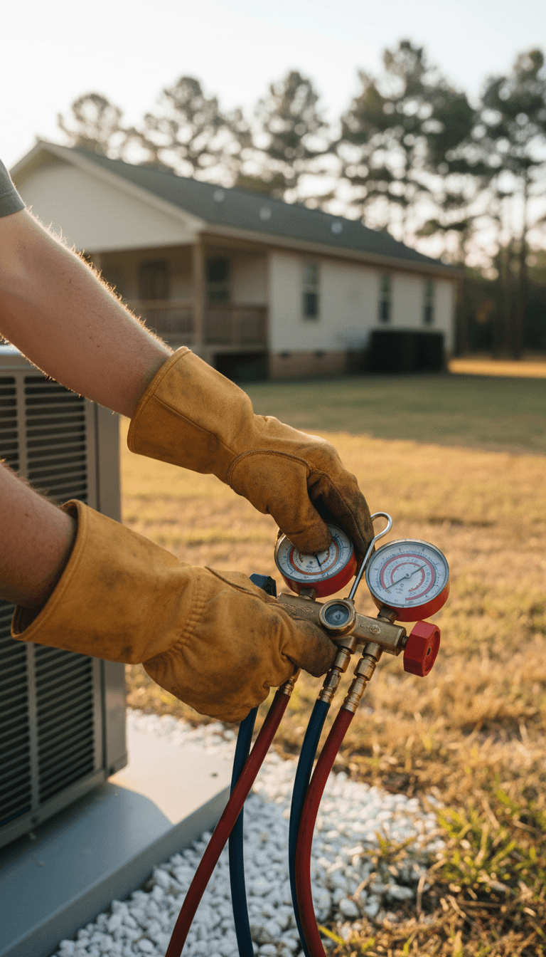 HVAC technician checking connections on a new AC condenser unit
