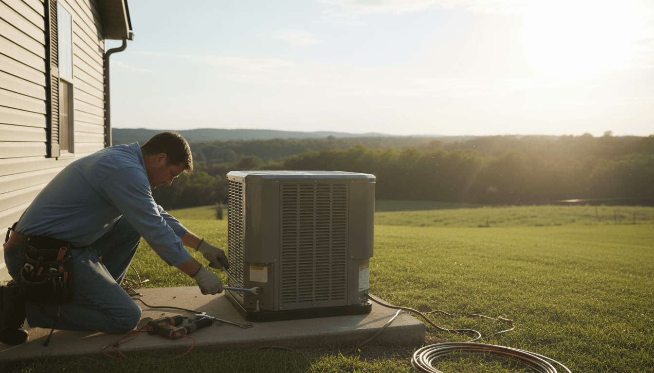 HVAC technician hands installing a new air conditioner condenser unit outside a home