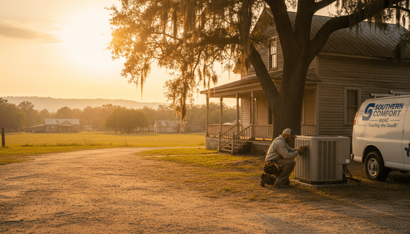 HVAC technician standing beside a residential condensing unit in the rural South