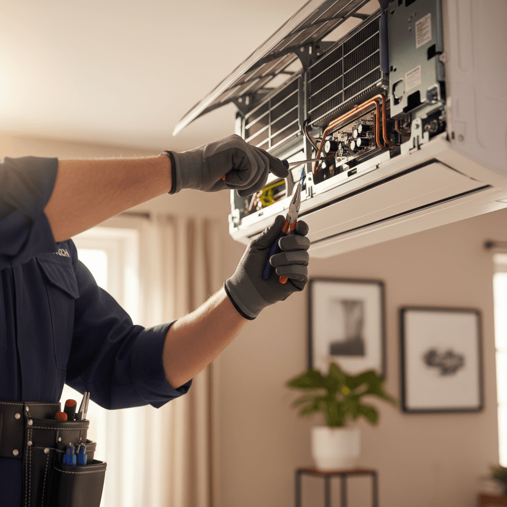 HVAC technician hands adjusting a gauge on an outdoor AC unit