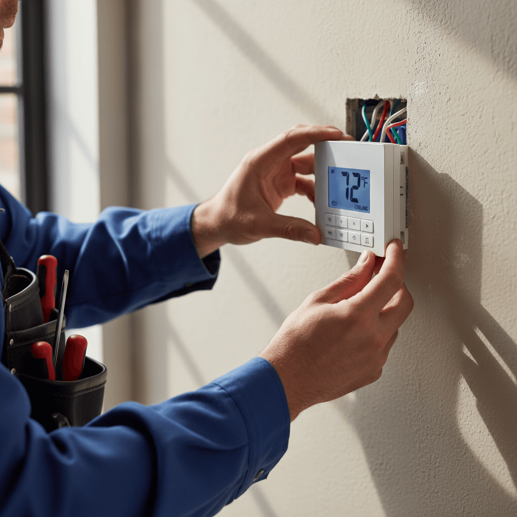 HVAC technician adjusting a thermostat