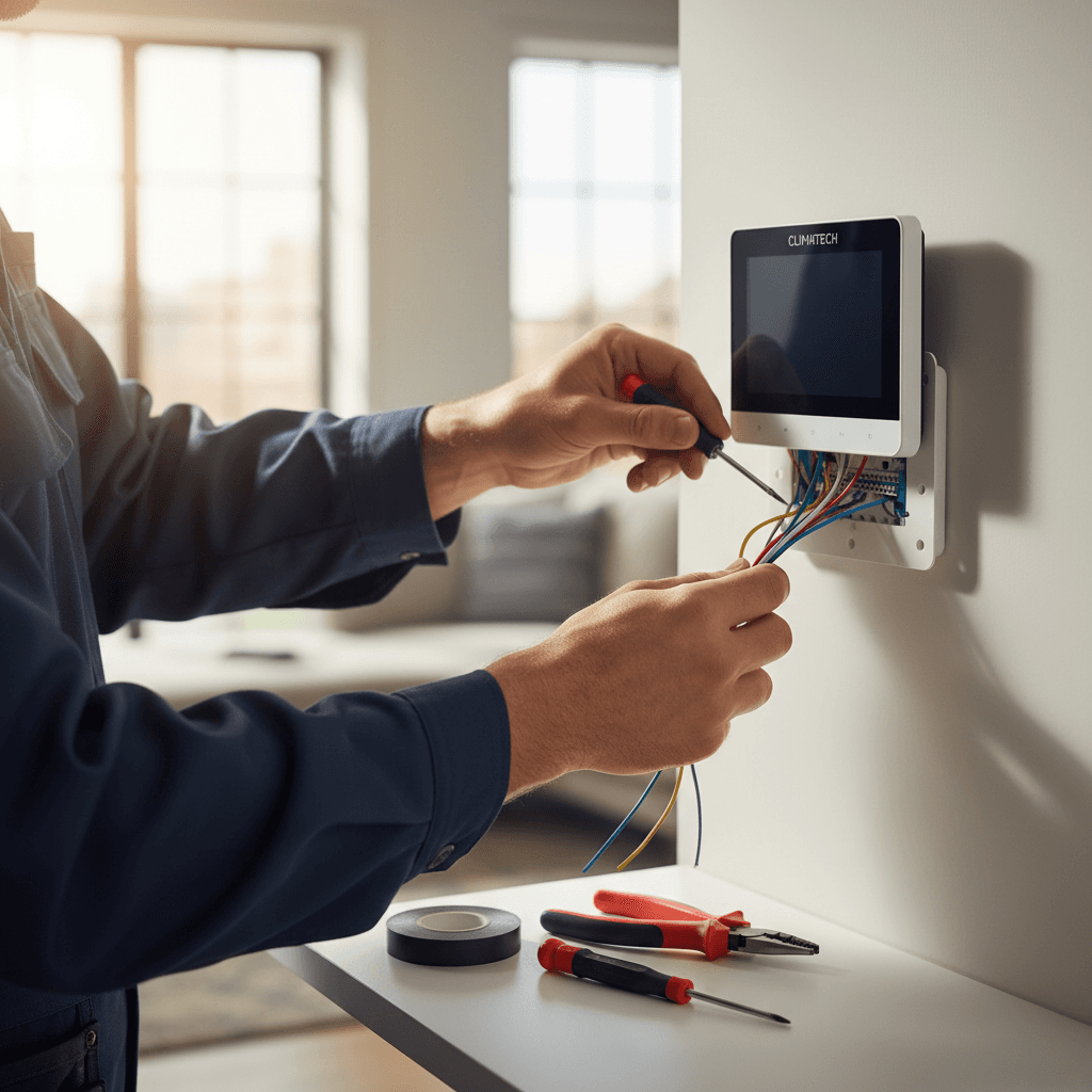 HVAC technician's hands adjusting a thermostat on a residential wall unit